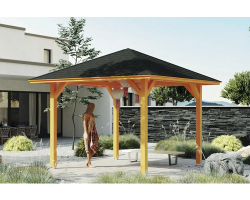 Zahradní altán SKAN HOLZ Cannes Velikost 1, 374x374 cm, světlé dubové laminované dřevo Dřevěný zahradní altán s černou střechou v zahradě