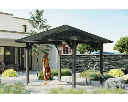 Zahradní altán SKAN HOLZ Cannes Velikost 1, 374x374 cm, břidlicově šedé laminované dřevo Pavilon v zahradě se ženou a dekorativními prvky