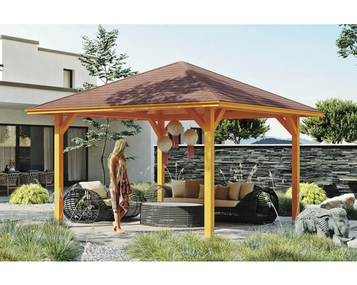 Zahradní altán SKAN HOLZ Cannes Velikost 2, 439x439 cm, světlé dubové laminované dřevo Dřevěný zahradní altán se sedacím nábytkem