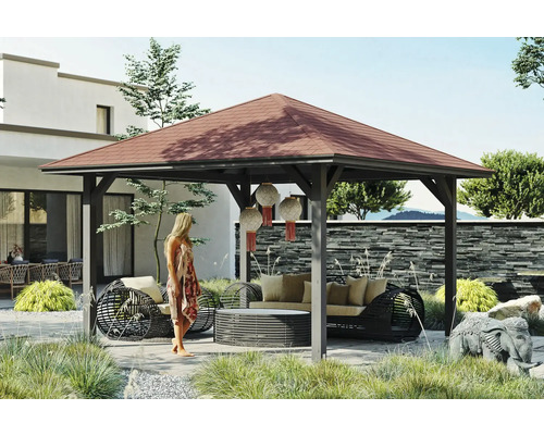 Zahradní altán SKAN HOLZ Cannes Velikost 2 439x439 cm, břidlicově šedé laminované dřevo Čtvercový pavilon s posezením v upravené zahradě.