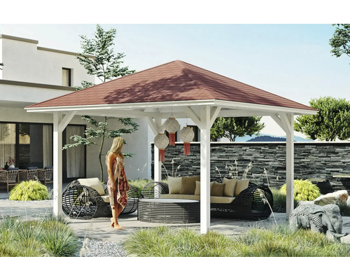 Pergola s nábytkem v zahradě