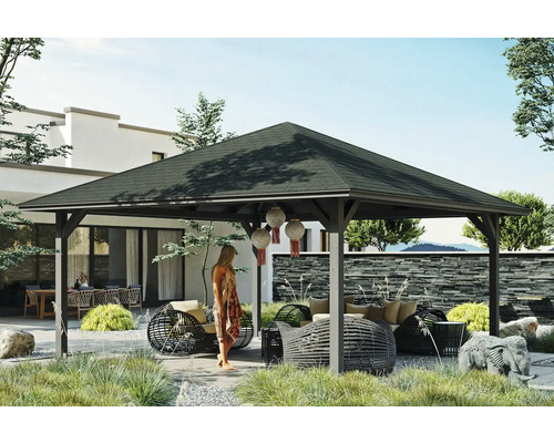 Zahradní altán SKAN HOLZ Cannes Velikost 4, 569x569 cm lepené laminované dřevo, břidlicově šedá Zahradní pavilon s posezením a dekoracemi v moderně navržené zahradě.