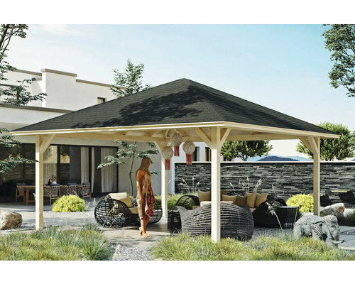 Zahradní altán SKAN HOLZ Cannes Velikost 4, 569x569 cm, neošetřené laminované dřevo Dřevěný altán s tmavou střechou v zahradě