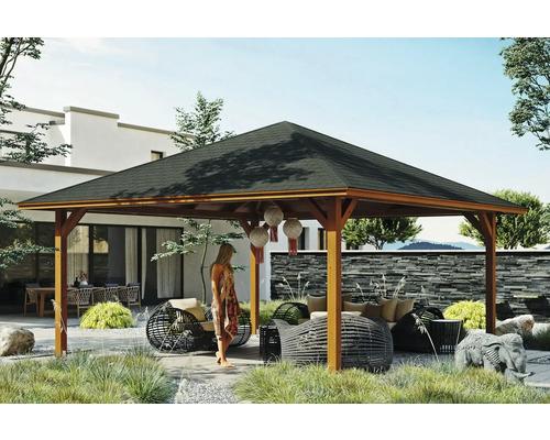 Zahradní altán SKAN HOLZ Cannes Velikost 4, 569x569 cm, lepené laminované dřevo, ořech Dřevěný zahradní pavilon s nábytkem a dekorací v zahradě