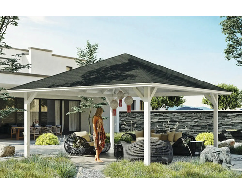 Zahradní altán SKAN HOLZ Cannes Velikost 4, 569x569 cm, lepené laminované dřevo, bílý Pohled do zahrady s altánem s tmavou střechou a bílými podpěrnými sloupky a posezením