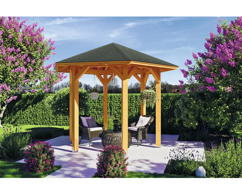 Zahradní altán SKAN HOLZ Nancy Velikost 1, o 360 cm, světlé dubové laminované dřevo Dřevěný zahradní pavilon se zahradním nábytkem a rostlinami