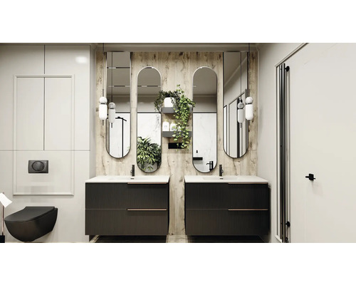 Moderní koupelna s dvojitým umyvadlem, zrcadly a závěsným WC.