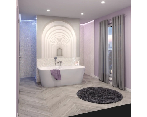Dlažba imitace dřeva Count grey 20x120 cm Koupelna s volně stojící vanou, vzorovanými dlaždicemi a oknem se závěsy pro světlé a uspořádané prostředí