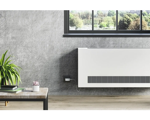 Interiér s elektrickým radiátorem, stolem, rostlinami a oknem