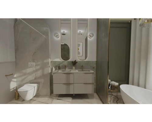 Koupelna s umyvadlem, zrcadly, toaletou a vanou