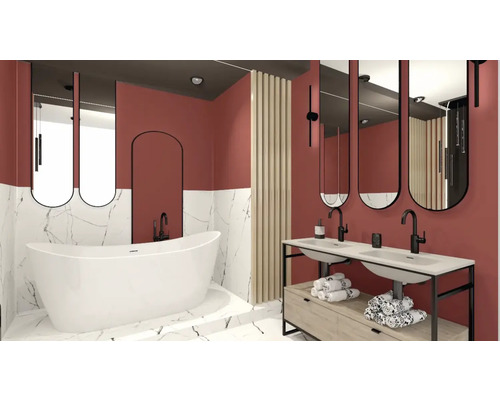 Moderní koupelna s volně stojící vanou, dvojitým umyvadlem a zrcadly