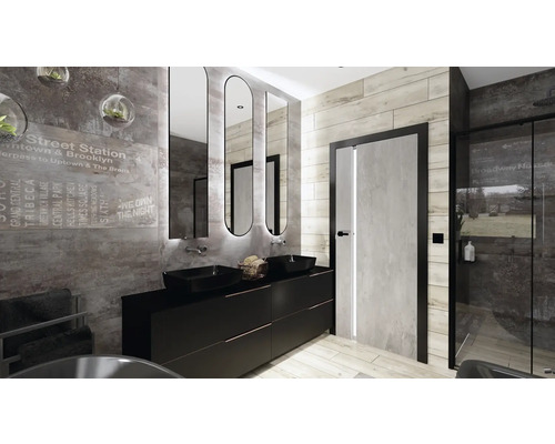 Moderní koupelna s umyvadlem, zrcadly, sprchou a šedými obklady