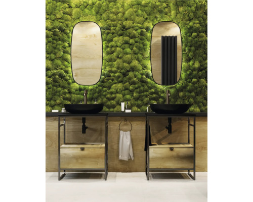 Koupelna se dvěma umyvadly, černými umyvadlovými mísami, zrcadly a stěnou z mechu