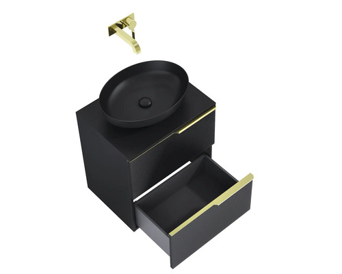 Umyvadlo s umyvadlovou skříňkou, černé umyvadlo na desku a zlatá armatura