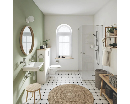 Koupelna s umyvadlem, toaletou, sprchou a dekoracemi