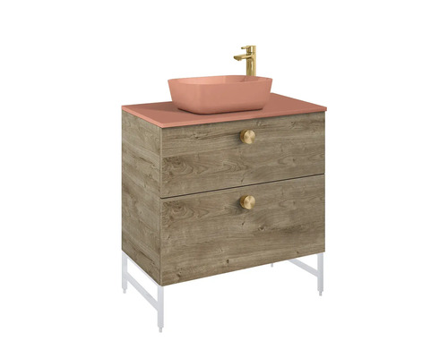 Skříňka pod umyvadlo s umyvadlem, baterií, dvěma zásuvkami a nožičkami