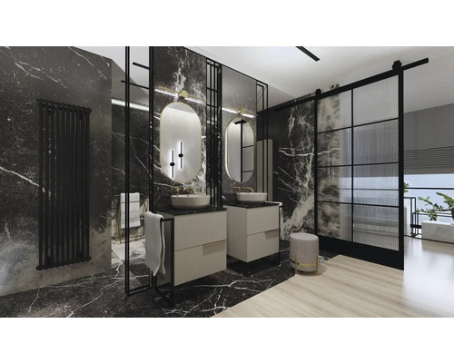 Koupelna s dvojitým umyvadlem, zrcadly a tmavým mramorem