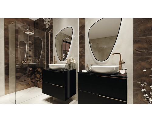 Moderní koupelna se sprchou, umyvadly, zrcadly a stylovým vybavením