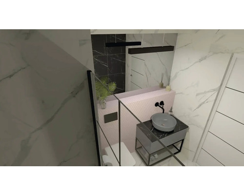 Moderní koupelna s umyvadlem, zrcadlem a sprchovým koutem