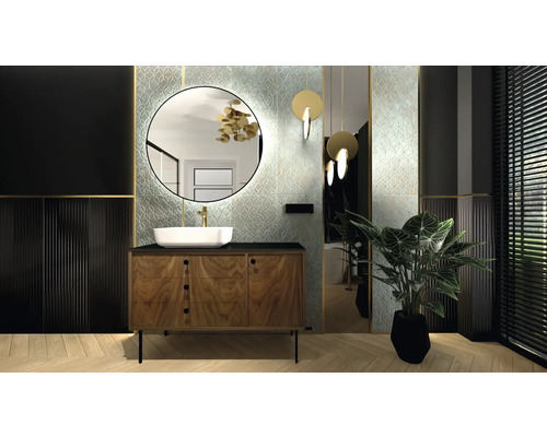 Moderní koupelna s umyvadlem, zrcadlem a rostlinami