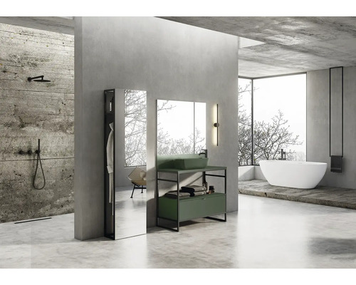 Moderní koupelna s umyvadlem, zrcadlem, vanou a sprchou v betonovém vzhledu