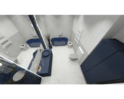 Světlá koupelna s vanami, umyvadly a nábytkem