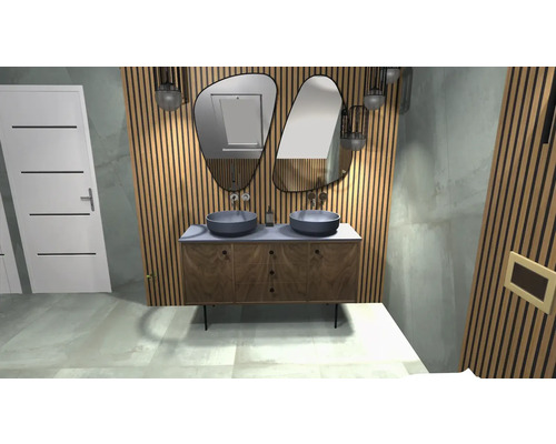 Koupelna s dvojitým umyvadlem, dvěma zrcadly a svislými dřevěnými panely