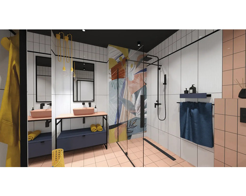 Moderní koupelna se sprchou, umyvadlem a dlaždicemi