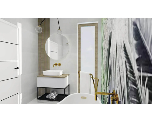 Moderní koupelna s umyvadlem, zrcadlem a vanou