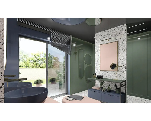 Moderní koupelna s dvojitým umyvadlem, zrcadlem a oknem