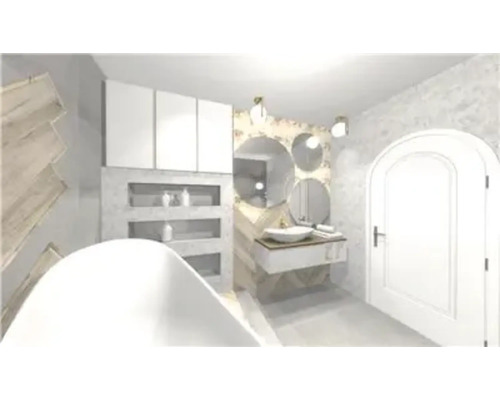 Koupelna s vanou, umyvadlem, zrcadly a skříňkami pro moderní design