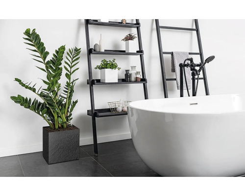 Koupelna s volně stojící vanou, žebříkovým regálem a pokojovou rostlinou