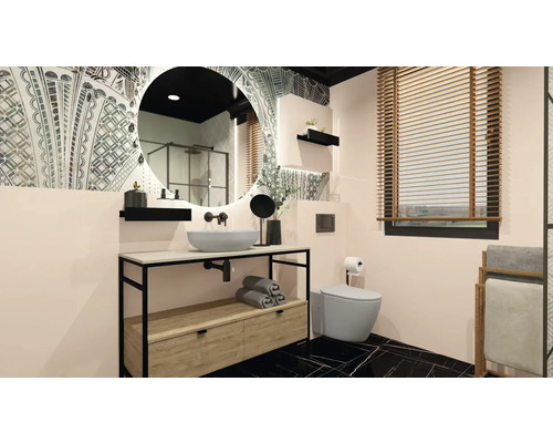 Koupelna s umyvadlem, zrcadlem, toaletou a okenními žaluziemi