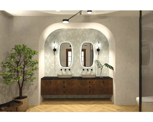 Světlá koupelna s dvojitým umyvadlem, zrcadly, rostlinami a dekorativními prvky