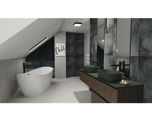 Koupelna s vanou, umyvadlem a sprchou v podkrovním bytě