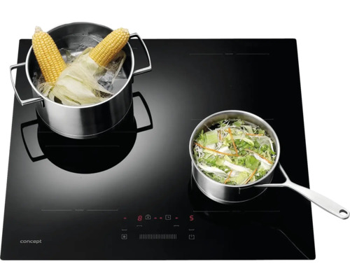 Černá varná deska se dvěma hrnci na vaření kukuřičných klasů a zeleniny.