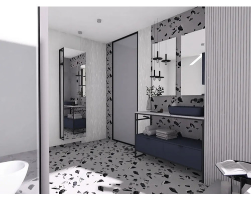 Světlá koupelna s umyvadlem, zrcadly a teracovou podlahou