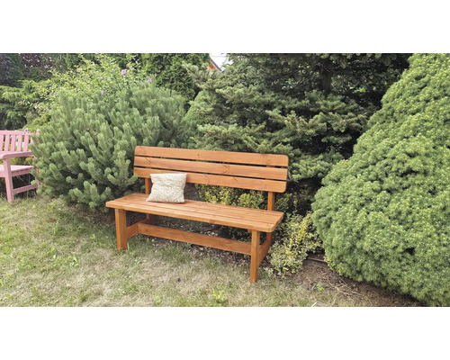 Dřevěná zahradní lavice s polštářem před zelenými keři