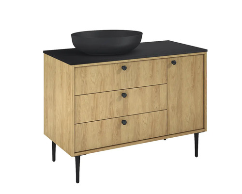 Skříňka pod umyvadlo se třemi zásuvkami, jedněmi dvířky a umyvadlem na desku