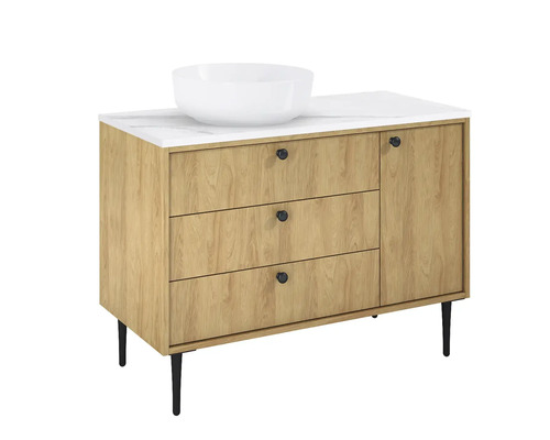 Skříňka pod umyvadlo se třemi zásuvkami, jedněmi dvířky a umyvadlem na desku