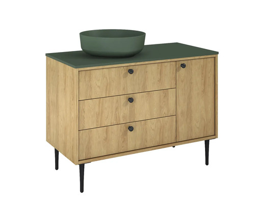 Skříňka pod umyvadlo se třemi zásuvkami, jedněmi dvířky a umyvadlem na desku