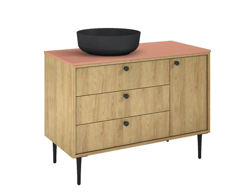 Skříňka pod umyvadlo se třemi zásuvkami, jedněmi dvířky a umyvadlem na desku