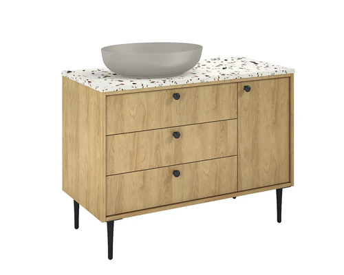 Skříňka pod umyvadlo se třemi zásuvkami, jedněmi dvířky a umyvadlem na desku