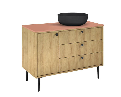 Skříňka pod umyvadlo s umyvadlem na desku, jedněmi dvířky a třemi zásuvkami