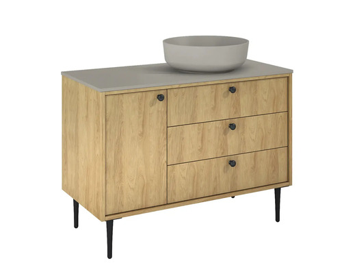 Skříňka pod umyvadlo s umyvadlem na desku, třemi zásuvkami a jedněmi dvířky