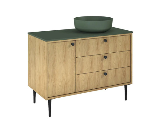 Skříňka pod umyvadlo se třemi zásuvkami, jedněmi dvířky a umyvadlem na desku