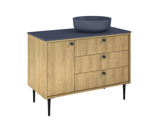 Skříňka pod umyvadlo s umyvadlem na desku, vzhled dřeva a tři zásuvky