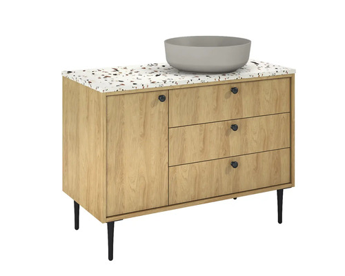 Umyvadlová skříňka s umyvadlem, jedněmi dvířky a třemi zásuvkami do koupelny.