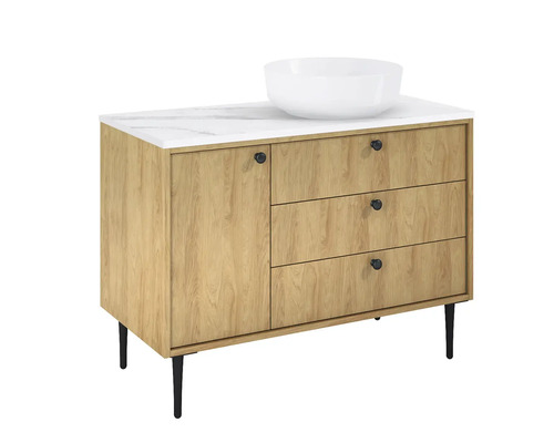 Umyvadlová skříňka s umyvadlem, třemi zásuvkami, jedněmi dvířky a nožičkami