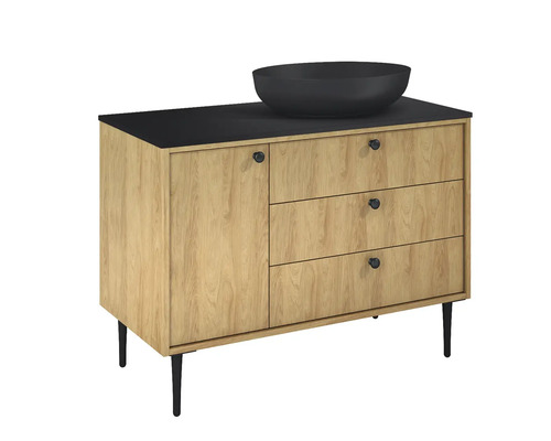 Skříňka pod umyvadlo s umyvadlem na desku, jedněmi dvířky a třemi zásuvkami